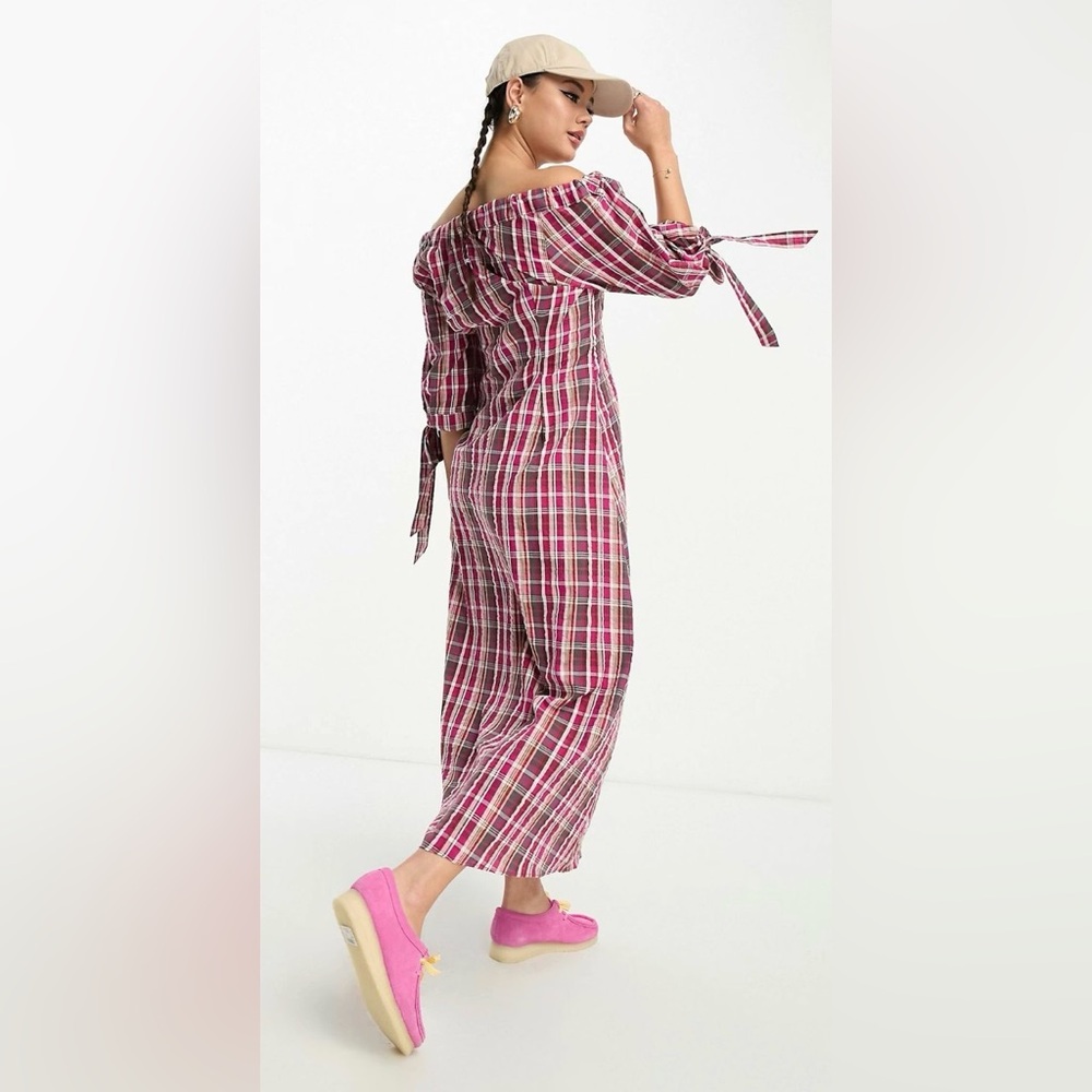 Damson Madder Cassandra Bow Midi Dress size UK 12/ US 8 plaid puff bow sleeves - Picture 2 of 6